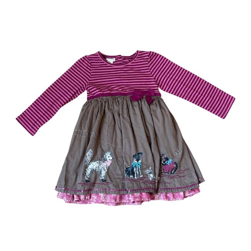 Monsoon Dress Girls Pink Brown Striped Poodle Embroidered SIZE 18-24 Months
